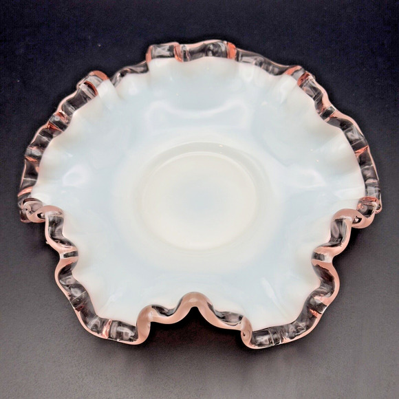 Fenton Other - Vintage Fenton Rose Crest Milk Glass Bowl Dish Pink Ruffled Crimped Edges 6"